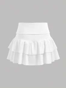 Girlism Teen Girl White Solid Low Waist Cute Dual Layer Flounce Cake Skirt With Anti-Flashing Shorts, Collegiate Style Cake Skirt