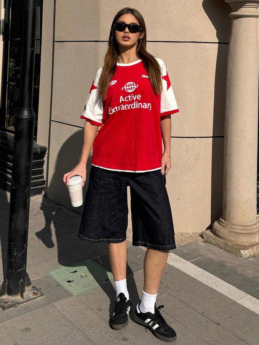 SHEIN EZwear Women's Spring And Summer For Festival Streetwear Y2K Vintage Going Out Graphics Jersey T-Shirt - Red and White - View 1