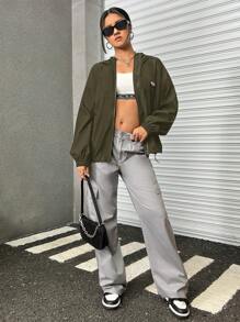 SHEIN EZwear Chaqueta con capucha con cremallera para mujer con detalles bordados con letras
