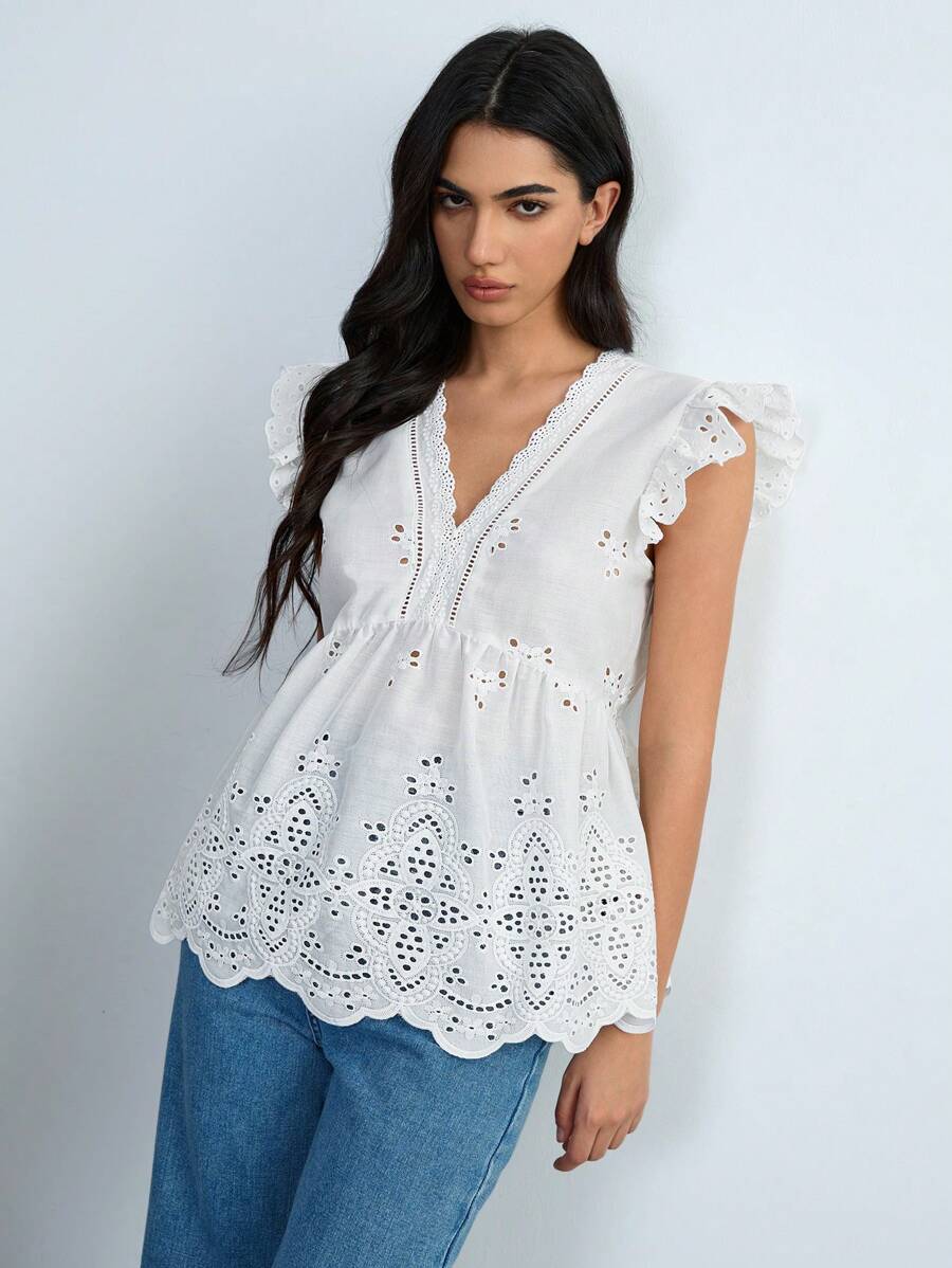 SHEIN Unity 女士刺绣蕾丝拼接下摆假日休闲衬衫,春夏 - 白色 - 查看 1
