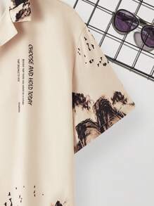 SHEIN Áo sơ mi in hình tay ngắn thường ngày cho bé trai tuổi teen, phong cách đường phố vẽ mực phong cảnh núi, Punk, Rock, phong cách đại học để mặc hàng ngày, tiệc tùng, lễ hội âm nhạc, xuân/hè - Màu Khaki - Xem 7