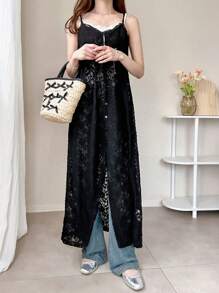FRIFUL Women's Black Long Strap Lace Dress, Elegant Ladies Dress Sundress,Casual Women Dresses