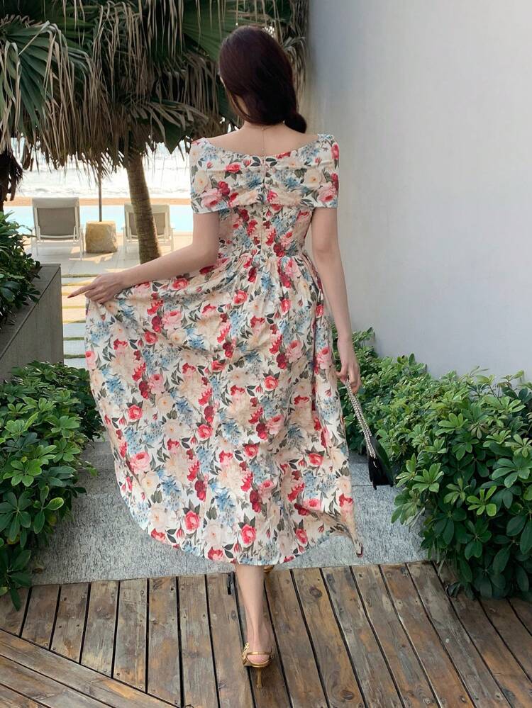 Women's Flower Print Elegant Mid-Length Vacation Dress, For Spring Summer Floral Sundress Easter Boho