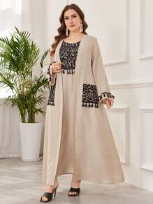 Al Najma Conjunto de 2 piezas de talla grande para mujer, estilo árabe con flecos, chaqueta de manga larga y vestido, modesto