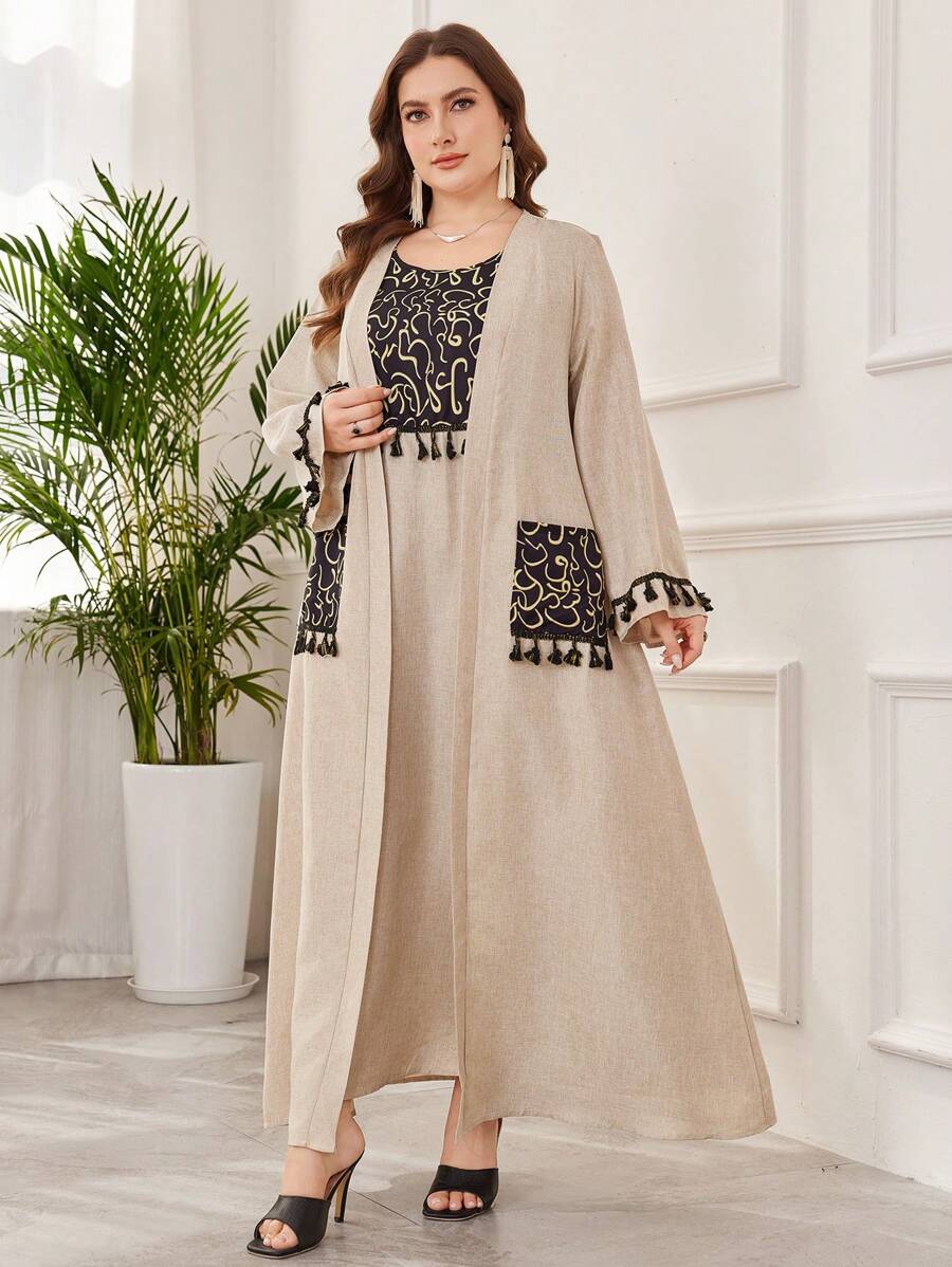 Al Najma Conjunto de 2 piezas de talla grande para mujer, estilo árabe con flecos, chaqueta de manga larga y vestido, modesto
