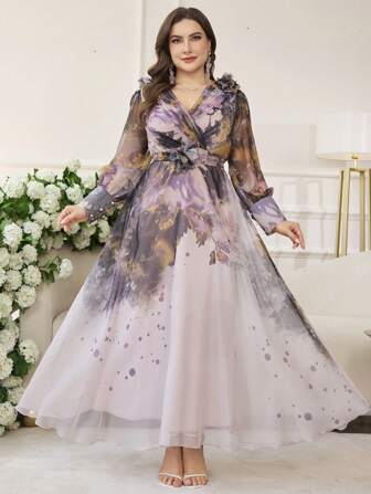 Modelyn 大码女式时尚优雅花卉印花 A 字型收腰中长连衣裙