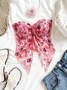 Soleia Top sin tirantes cómodo para vacaciones, con tela texturizada y estampado, adecuado para vacaciones, citas, tardes del Día de San Valentín - Multicolor - Ver 4