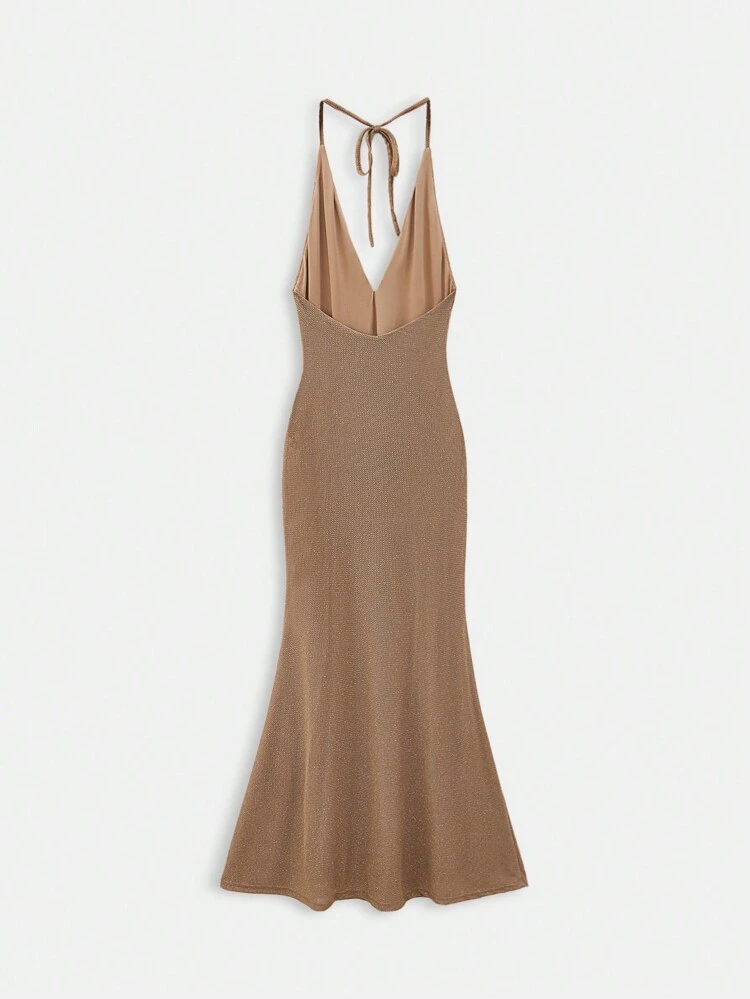 SHEIN Maija Spring And Summer New Khaki Glitter V-Neck Halterneck Sexy Women's Long Dress Urban Modern Elegant Sleeveless Daily Casual Commuting Suitable For Going Out For Vacations, Holiday Parties, Weddings And Dates.