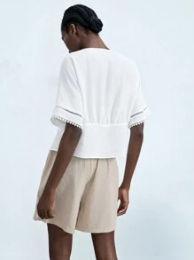 Lumivelle Women's Solid Color Contrast Lace Batwing Short Sleeve Casual Shirt