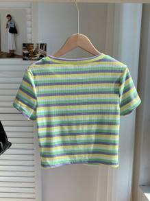 Comfortcana 女士加大码条纹针织圆领短袖 T 恤 - 薄荷綠 - 查看 2