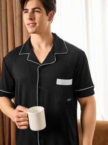 Shein Underwear&Sleepwear Basics Men Colorblock Trim Short Sleeve & Long Pants Pajama Set, Casual Loungewear