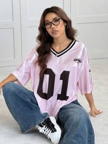 SHEIN EZwear 大码女式夏季/初秋休闲运动上衣 - 幸运数字 01 印花、加州字母图案、带网眼的反光面料拼接、V 领、宽松蝙蝠袖、长款运动衫，适合返校、日常穿着 - 淺粉色 - 查看 3