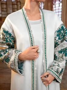 Al Najma Women's Elegant Banquet Green Jacquard Patchwork Sleeves,Gold Webbing Arabesque Coat,White Modest Robe Abaya For Spring,Valentine's Day - White - View 6