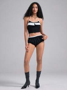 Easelle Women's Casual 2 In 1 Contrast Color Flower Bud Shorts - Black and White - View 2