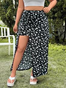 SHEIN EZwear Plus Size Ditsy Floral High Slit Skirt, Spring/Summer - Multicolor - View 4