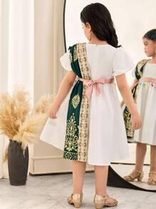 SHEIN Leap Crew Young Girl 2Pcs Set: Solid Woven Puff Sleeve Dress & Ditsy Floral Jacket - White - View 2