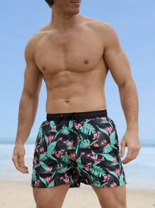 Surfspeed Men's Tropical Plant Print Drawstring Waist Beach Shorts Men Swim Trunks - Multicolor - View 1