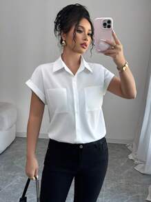 Elenzga 女士白色短袖衬衫，简约设计，轻盈宽松复古香港风格无袖衬衫 - 白色 - 查看 1