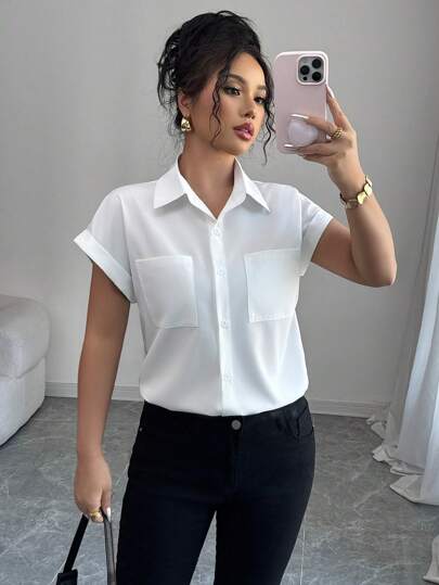 Elenzga White Short Sleeve Shirt For Women, Minimalist Design, Lightweight, Loose Fit Vintage Hong Kong Style Sleeveless Blouse