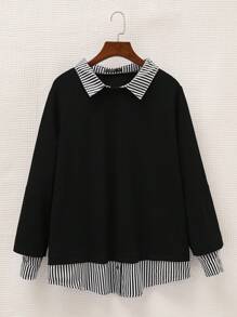 SHEIN EZwear 大码女式黑色拼布运动衫，日常休闲时尚 - 黑與白 - 查看 1