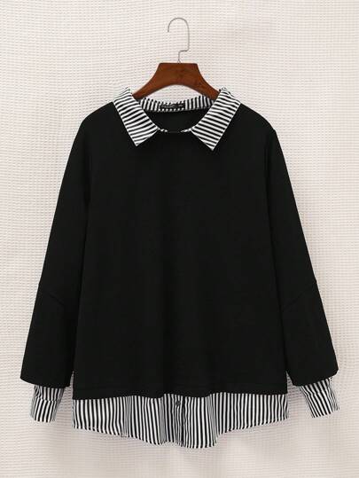 SHEIN EZwear Plus Size Women's Black Patchwork Sweatshirt, Casual & Fashionable For Everyday Winter Fall Autumn