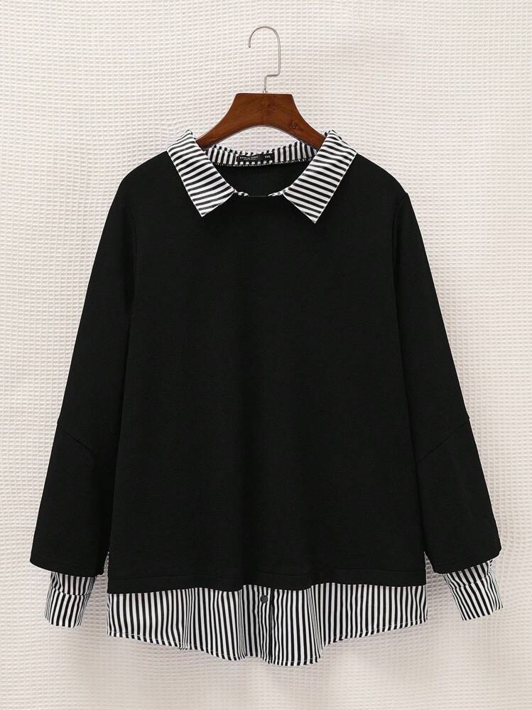 SHEIN EZwear بلوزة سويت شيرت للسيدات كبيرة الحجم ذات لمسات ملونة، يومي وأنيق للاستخدام اليومي - أبيض وأسود - مشاهدة 1