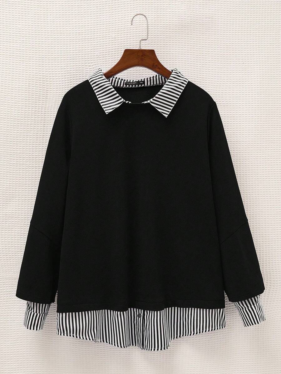 SHEIN EZwear 大码女式黑色拼布运动衫，日常休闲时尚 - 黑與白 - 查看 1