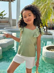 年轻女孩度假休闲时尚纯色圆领套头衫 - 綠色 - 查看 2