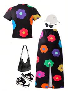 2 件套青少年女孩休闲度假彩色花朵印花圆领短袖短款上衣和修身长款针织裙套装 - 黑色 - 查看 2