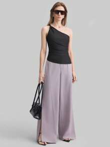 Ontre 2025 Women's Solid Color Ruched Asymmetrical Shoulder Top, Minimalist Urban Style, Fashionable For Commuting - Black - View 2