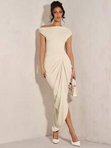 SHEIN BAE 女士优雅派对鸡尾酒会连衣裙，带有褶饰细节、不对称下摆和侧开衩、弹力针织连衣裙，适合鸡尾酒会、浪漫约会、秋冬分层穿着、活动、俱乐部、正式聚会、万圣节、圣诞节