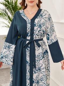 Lacomfia Elegant V-Neck Digital Printed Plus Size Dress - Multicolor - View 4