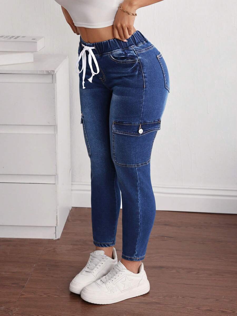 SHEIN PETITE Women's Casual Drawstring Waist Slim Fit Cargo Jeans - Blue - View 1