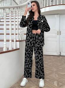 Mulvari 2pcs Women Casual Set: Letter & Leopard Print Long Sleeve Shirt And Pants