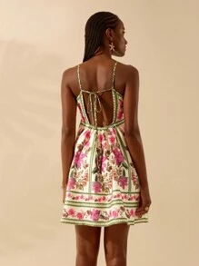 CAJUNI 女士波西米亚风热带花卉印花无袖露背系带前短款连衣裙，休闲夏日海滩度假 - 彩色 - 查看 2