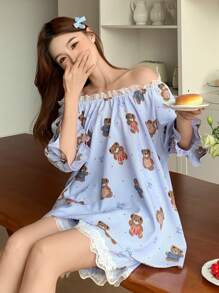 DAZY 女士条纹熊图案印花蕾丝拼布泡泡袖短裤睡衣套装 - 藍色 - 查看 5