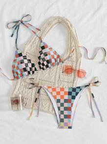 SHEIN Swim Women Plaid Coconut Tree Casual 2pcs Bikini Set For Summer Beach - Black - View 1