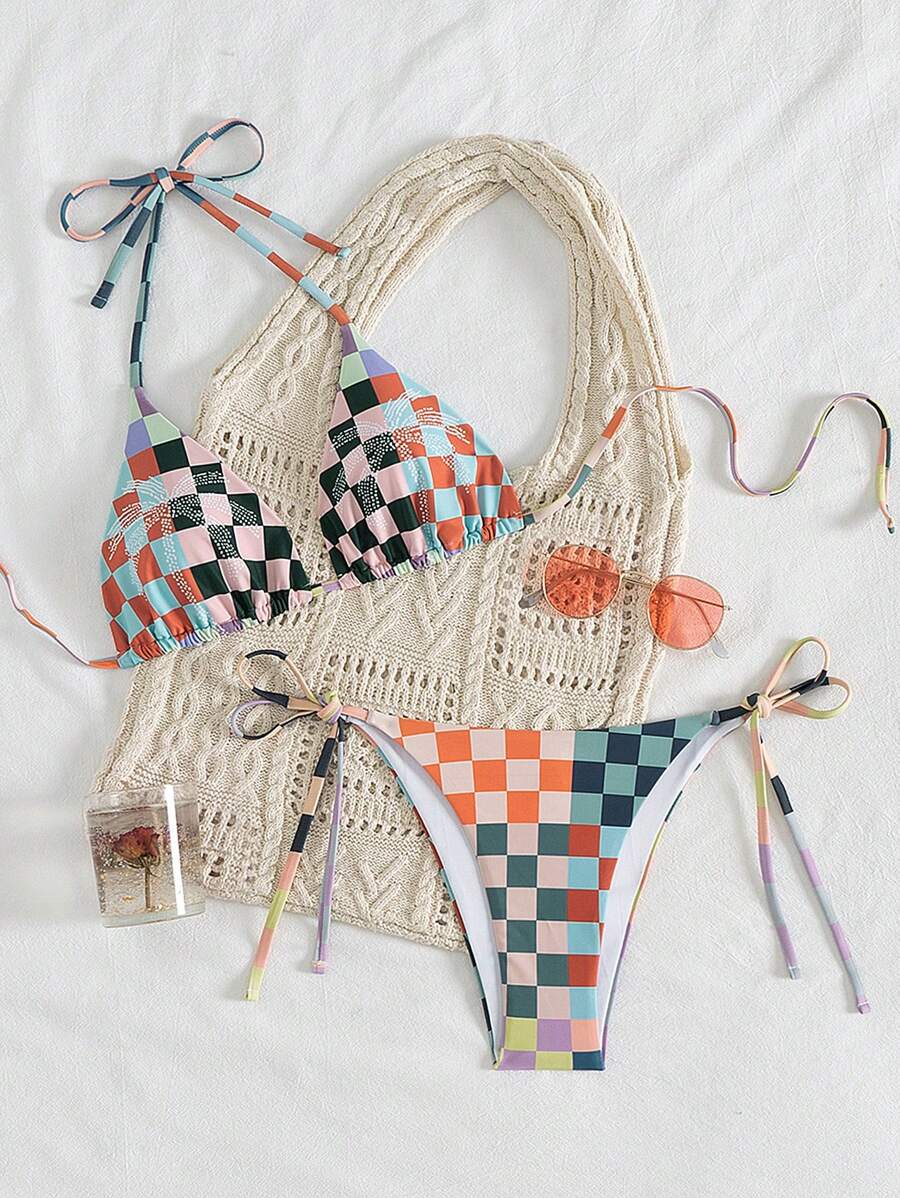 SHEIN Swim Women Plaid Coconut Tree Casual 2pcs Bikini Set For Summer Beach - Black - View 1