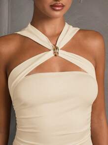 SHEIN BAE Women Spring Summer Metal Decor Halter Bodysuit - Apricot - View 6