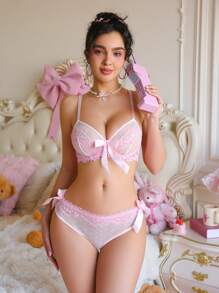 PetitDoll 2件套女士优雅蕾丝拼接无钢圈内衣文胸套装 - 淺粉色 - 查看 1