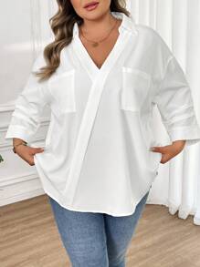 SHEIN CURVE+ Plus Size Casual Commuter Solid Color Wrap Loose Shirt - White - View 6