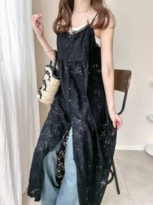 FRIFUL Women's Black Long Strap Lace Dress, Elegant Ladies Dress Sundress,Casual Women Dresses