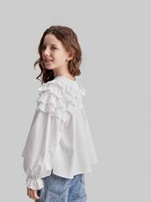 Ontre Spring & Summer Tween Girl Fashion Versatile Solid White Multi-Layer Ruffle Hem Flounce Trim Loose A-Line Long Sleeve Blouse - White - View 2