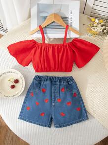 年轻女孩夏季新款红色细肩带飘逸领短款上衣和心形刺绣牛仔短裤两件套休闲甜美装 - 彩色 - 查看 3