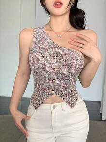 DAZY Plaid Asymmetrical Shoulder Front Button Women Top Summer,Crop Tops Women Going Out Tops - Black and White - View 7