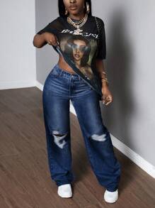 SHEIN Slayr Pantalones vaqueros rectos de mujer casuales desgastados y desteñidos