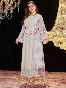 Modelyn Vestido de gasa y encaje con parches florales, elegante y grácil, para tallas grandes