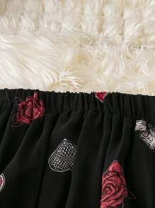 SHEIN VCAY Große Größen Valentinstag Set aus schwarzer Chiffon Herz Muster Bluse mit elastischer Taille und A-Linien Laternärmel und weitem A-Linien Rock, romantisch für Datenight