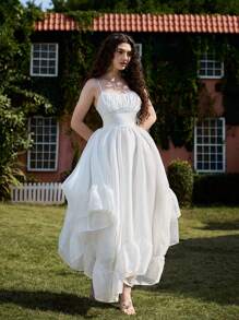 SHEIN MOD Bianco,Estivo,Elegante,Abito da donna per invitata a matrimonio,Abito corto davanti e lungo dietro con lunghezza regolabile,Outfit da vacanza e spiaggia,Abito per Mardi Gras e laurea - Bianco - Visualizzare 5