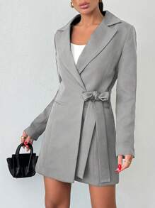 EURMUSE Women's Solid Color Notched Collar Long Sleeve Casual Side Tied Blazer, Autumn - Grey - View 3